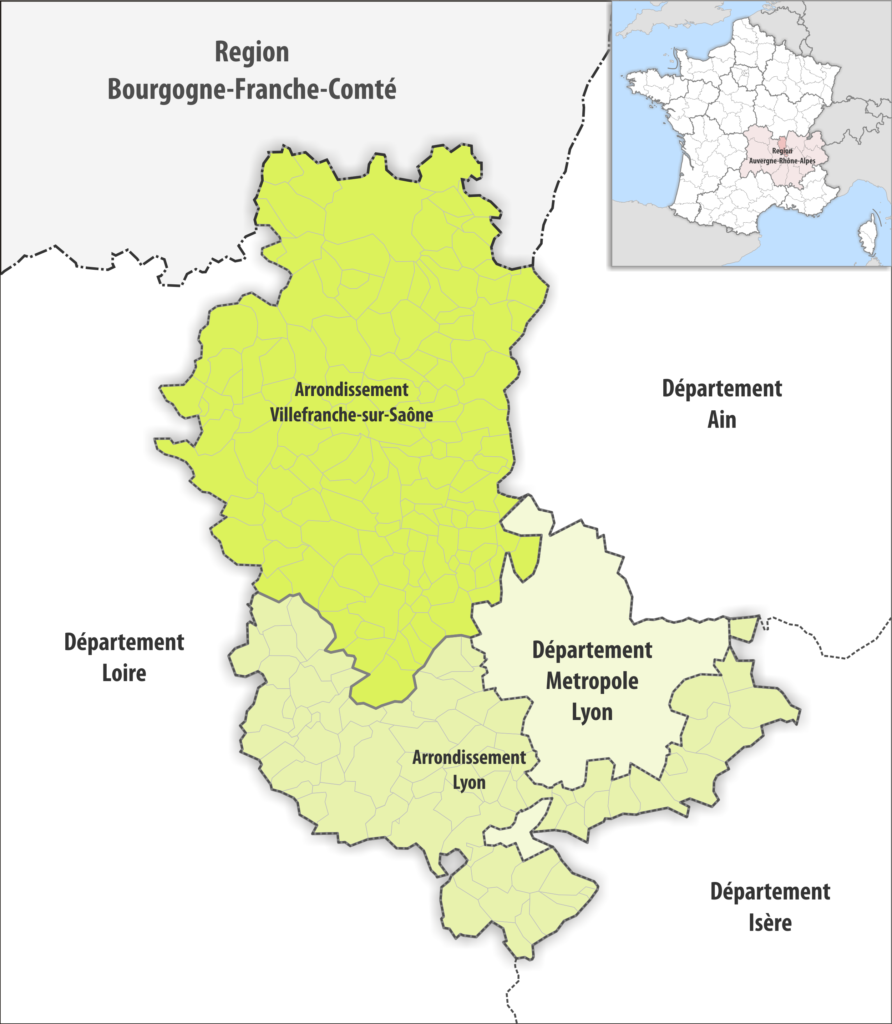 Carte des arrondissements du département du Rhône.