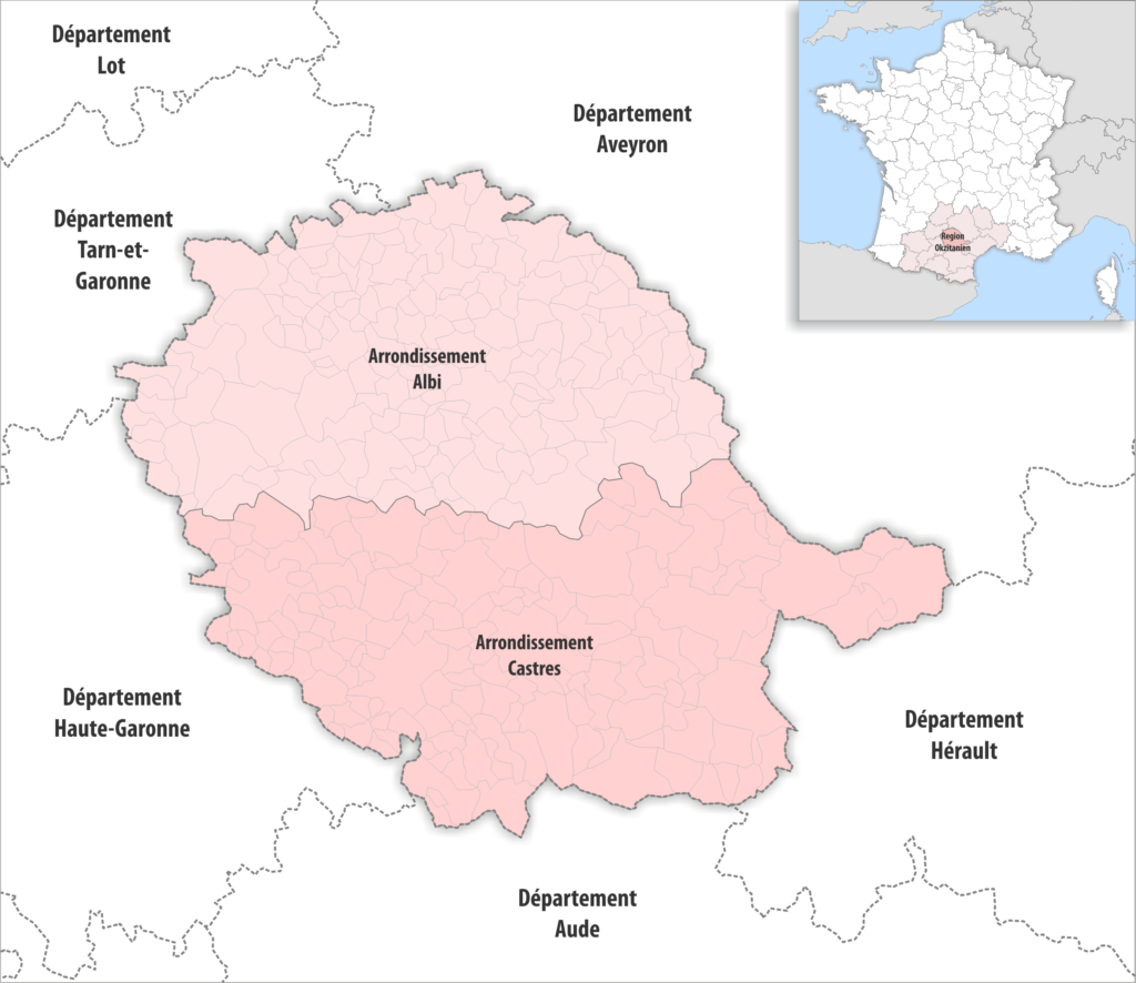 Carte des arrondissements du département du Tarn.