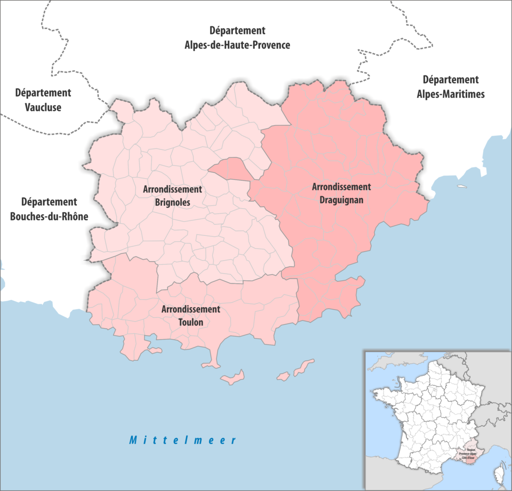 Carte des arrondissements du département du Var.