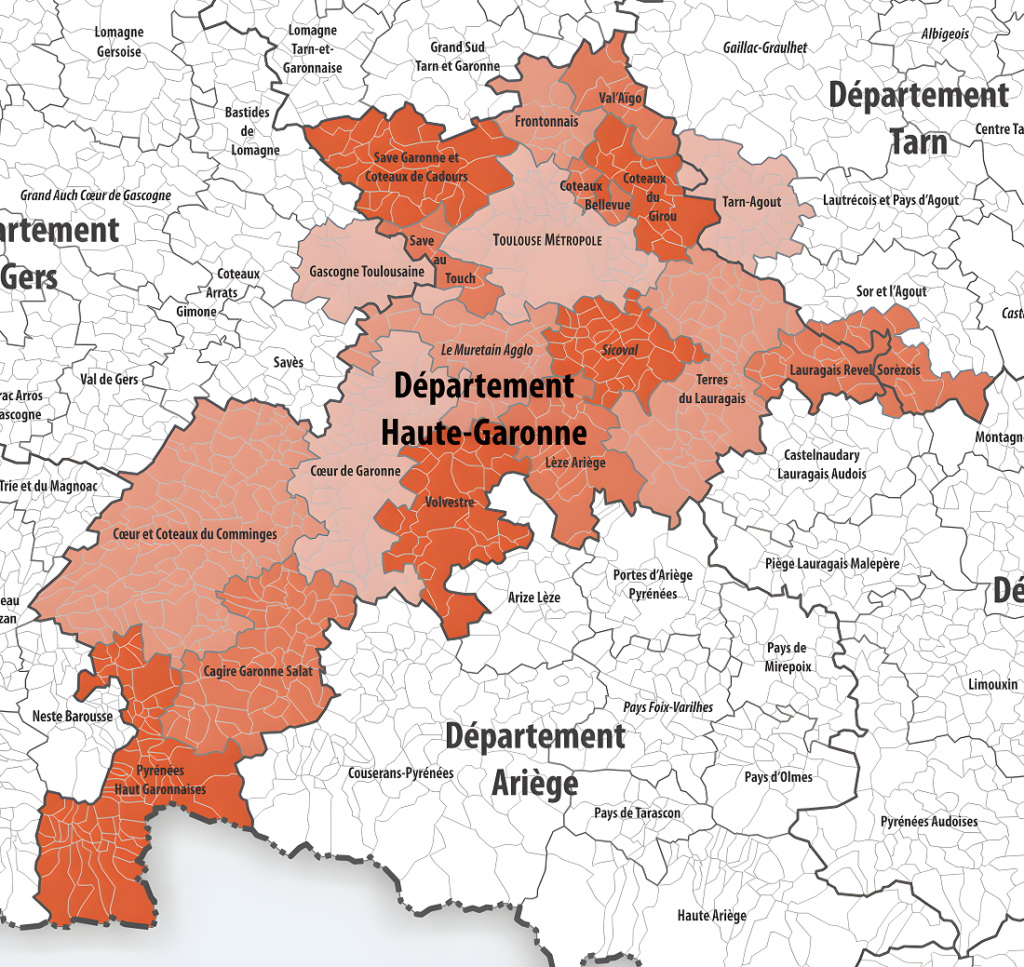 Carte des intercommunalités de la Haute-Garonne.