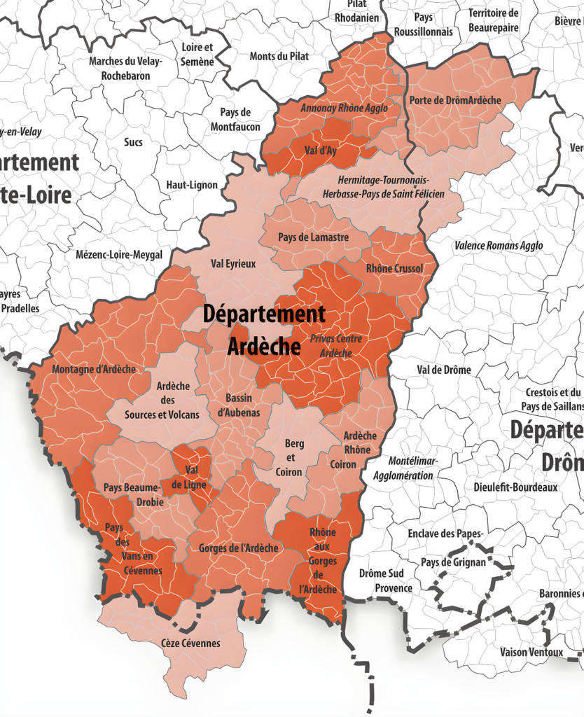 Carte des intercommunalités de l'Ardèche.