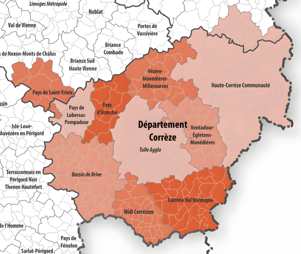 Carte des intercommunalités de la Corrèze.