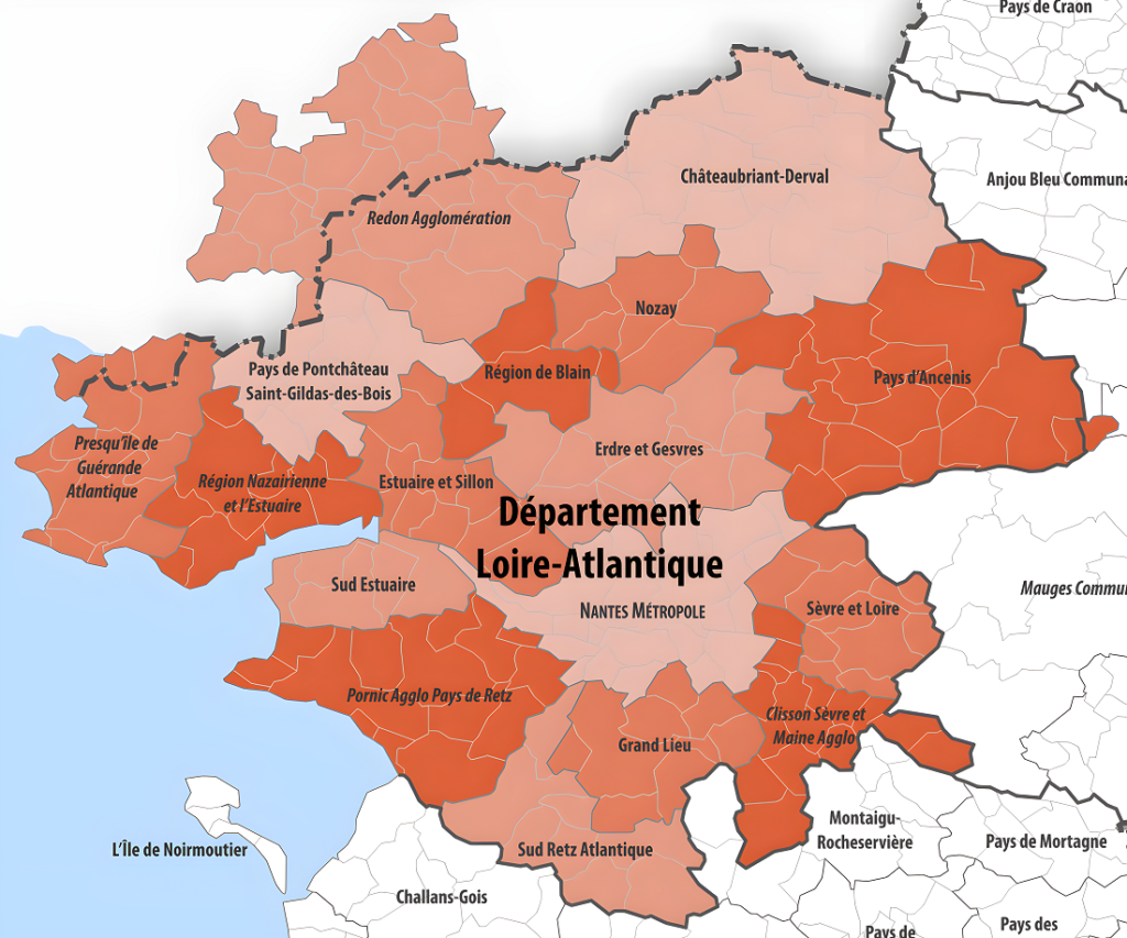 Carte des intercommunalités de la Loire-Atlantique.