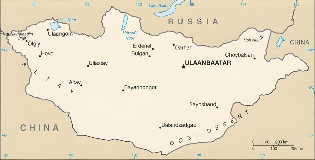 Carte des principales villes de Mongolie