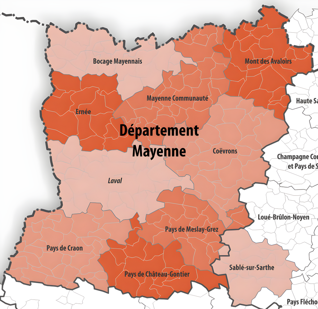 Carte des intercommunalités de la Mayenne.