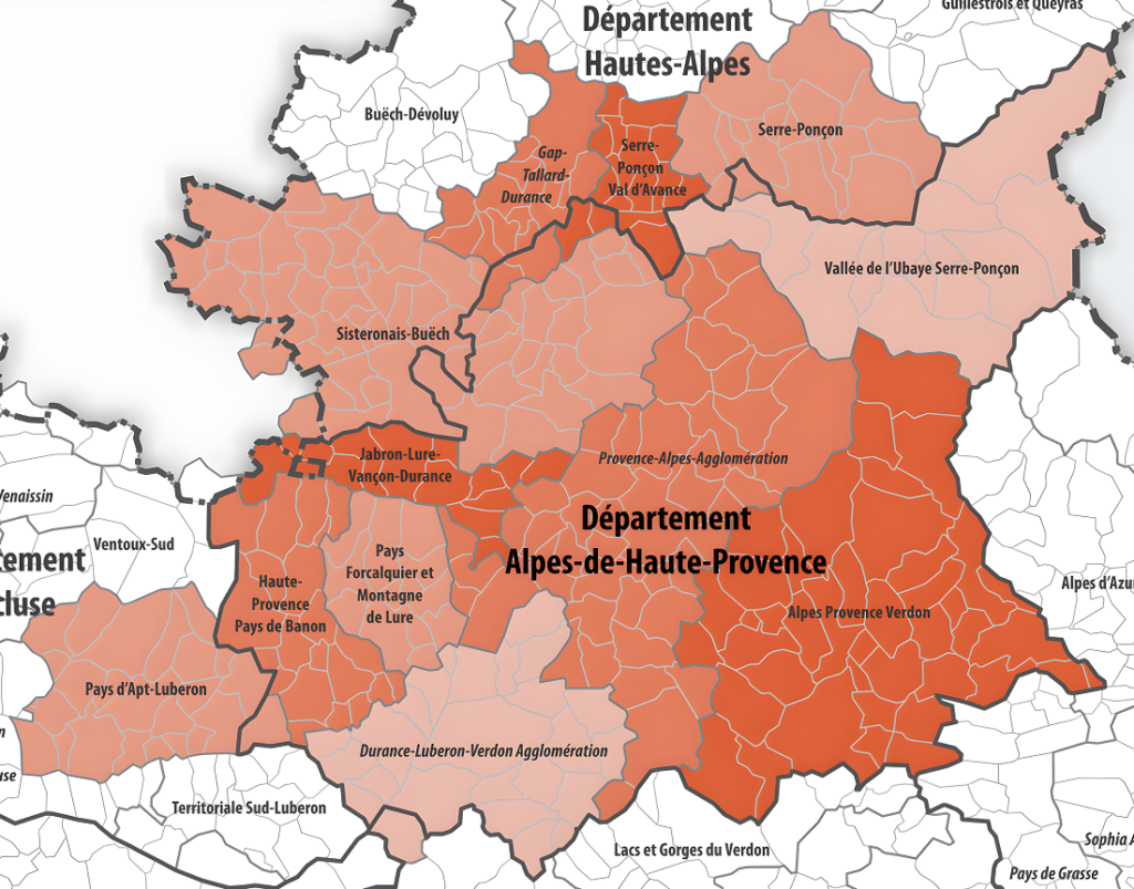 Carte des intercommunalités des Alpes-de-Haute-Provence.