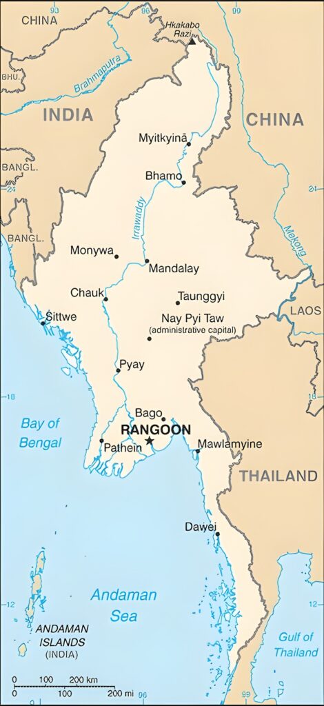Carte des principales villes de la Birmanie