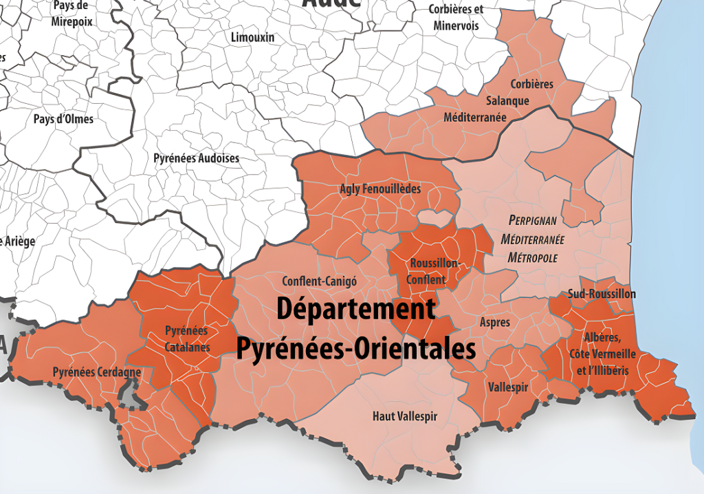 Carte des intercommunalités des Pyrénées-Orientales.