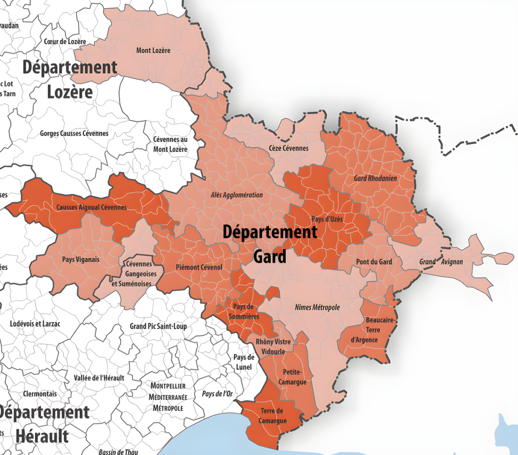 Carte des intercommunalités du Gard.