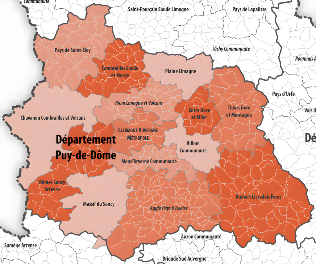 Carte des intercommunalités du Puy-de-Dôme.