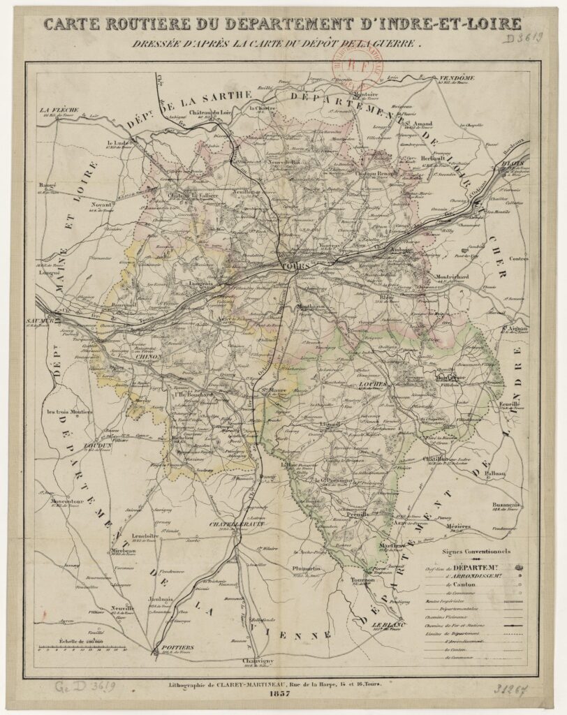 Carte routière du département d'Indre-et-Loire 1857.