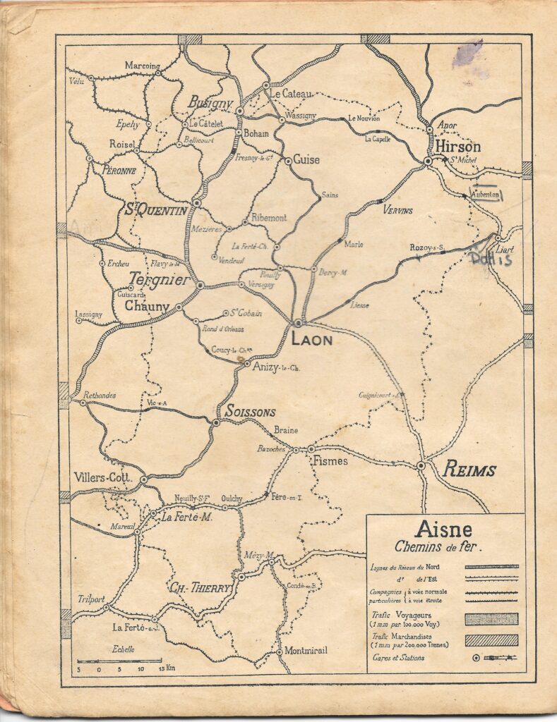 Carte des lignes de chemin de fer dans le département de l'Aisne vers 1950.