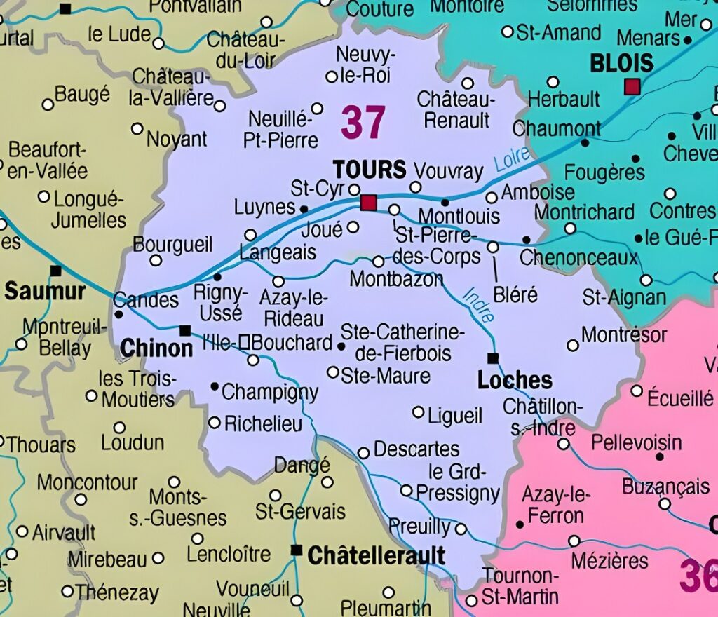 Carte des principales communes d'Indre-et-Loire.