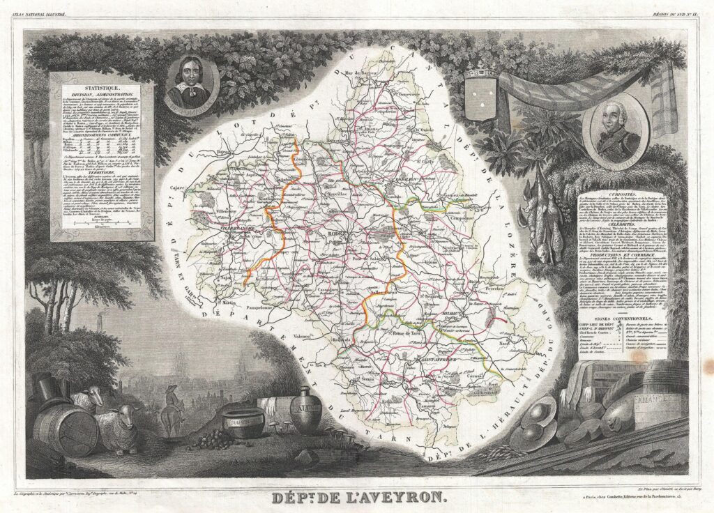 Carte du département de l'Aveyron 1852.