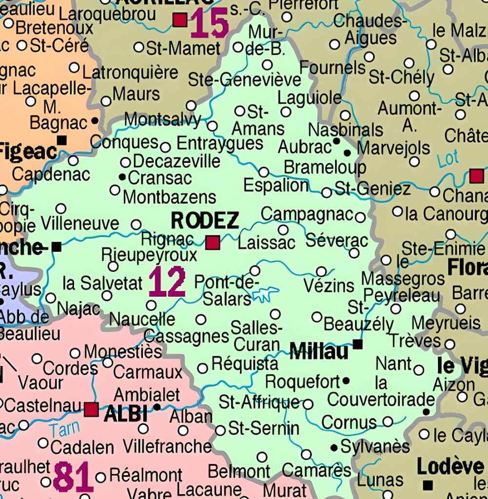 Carte des principales communes de l'Aveyron.