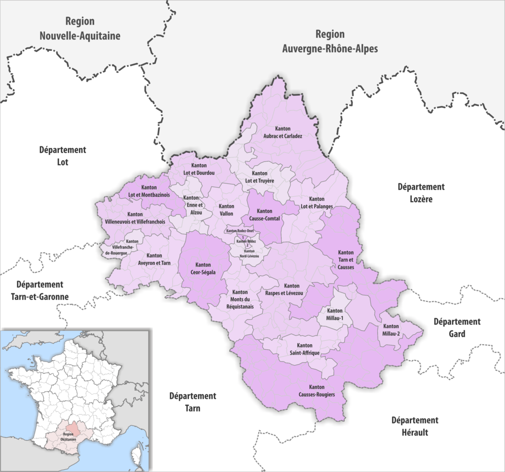 Carte des cantons du département de l'Aveyron.