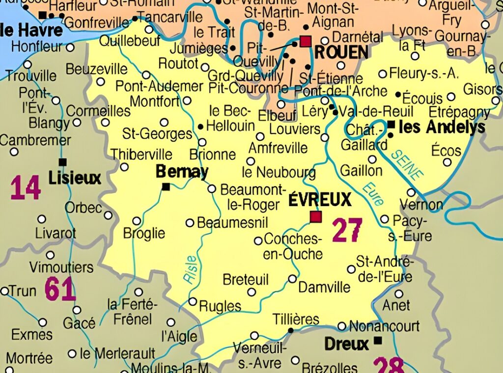 Carte des principales communes de l'Eure.