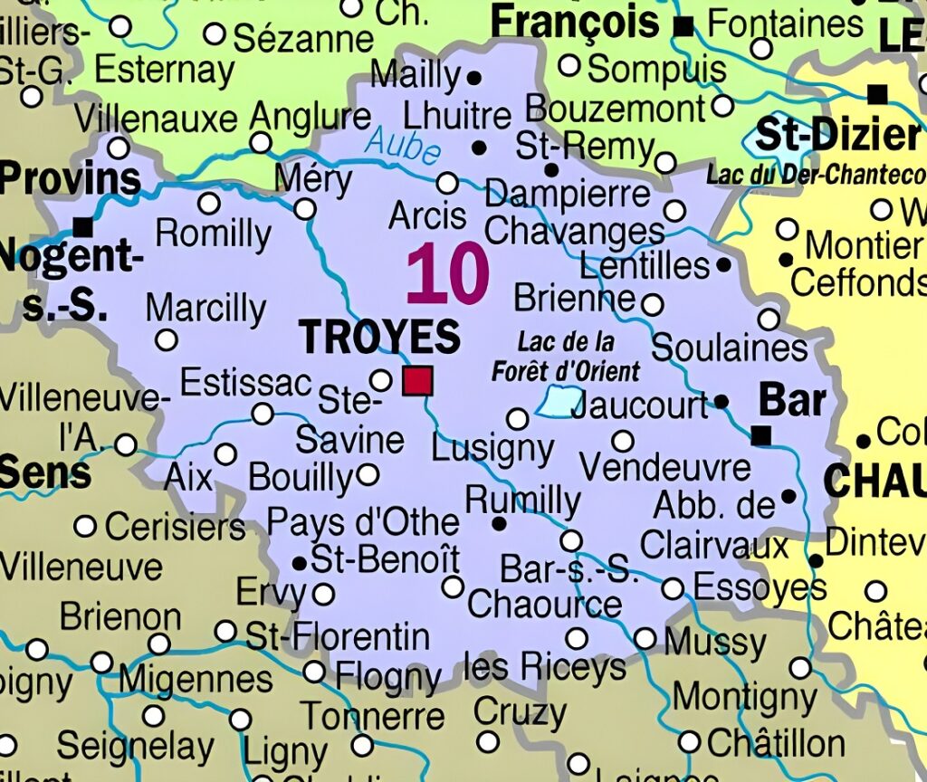 Carte des principales communes de l'Aube.