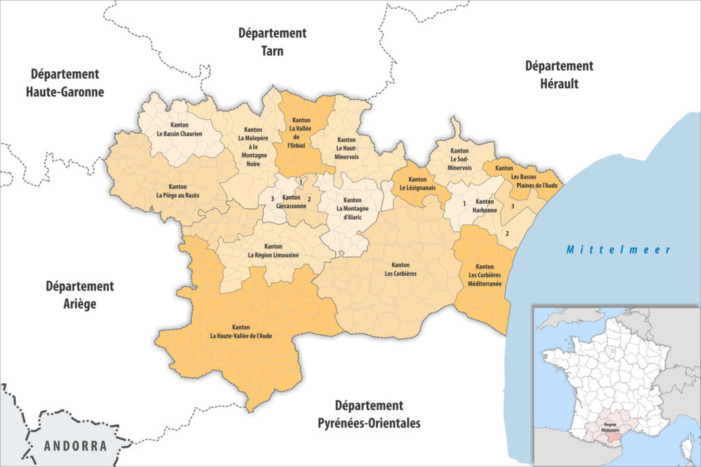 Carte des cantons du département de l'Aude.