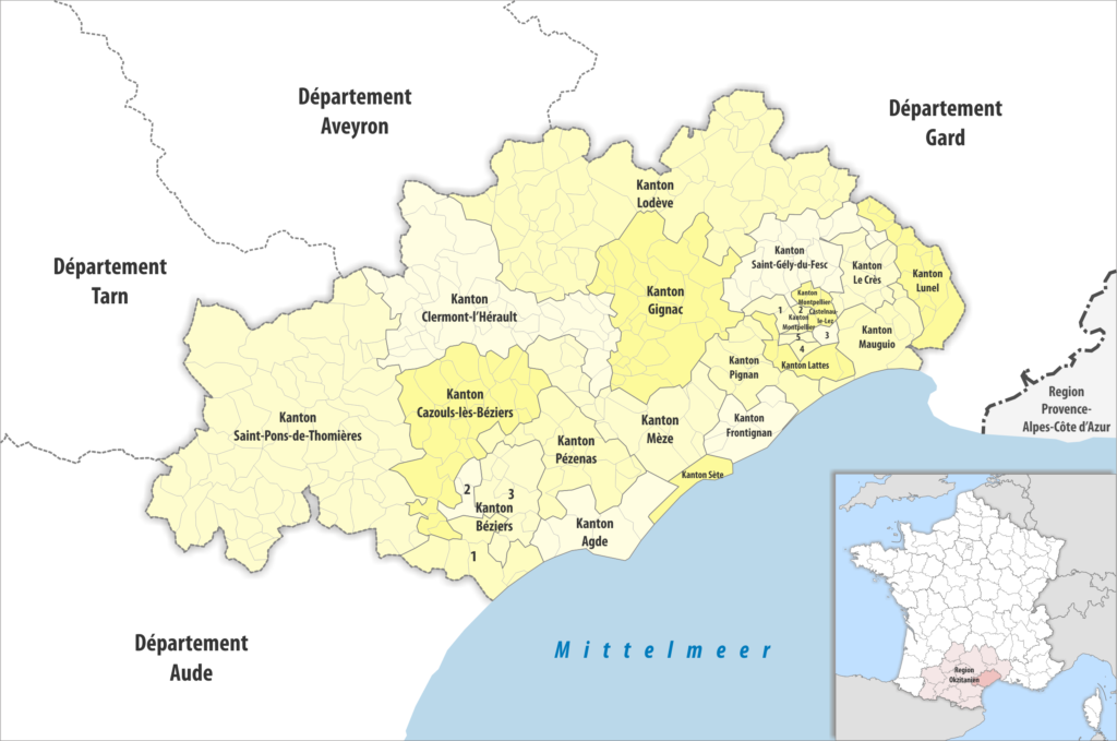 Carte des cantons du département de l'Hérault.