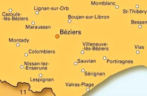 Carte des principales villes dans les environs de Béziers.