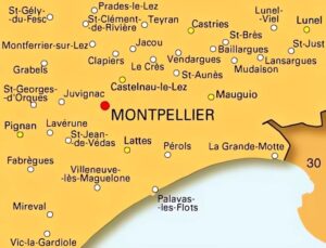 Carte des principales villes dans les environs de Montpellier.