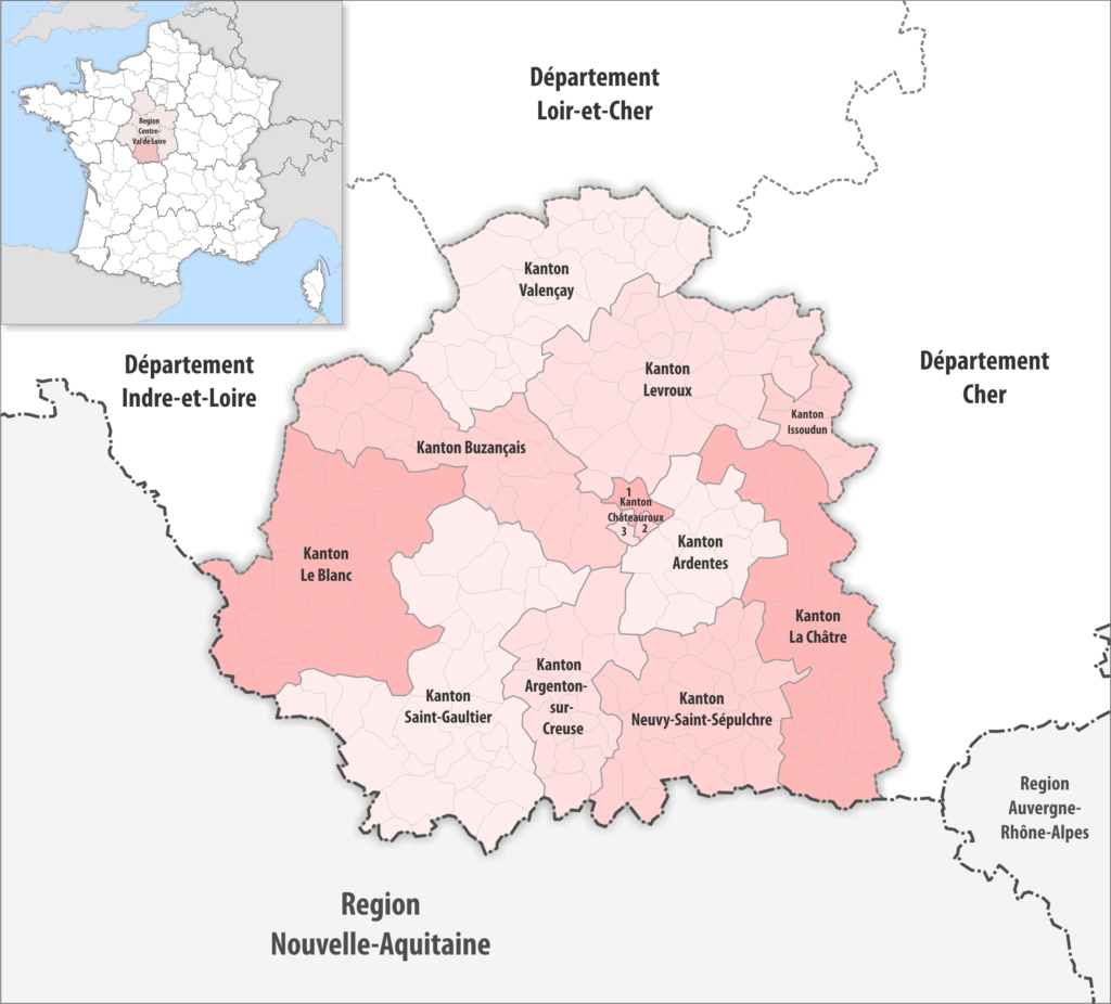 Carte des cantons du département de l'Indre.