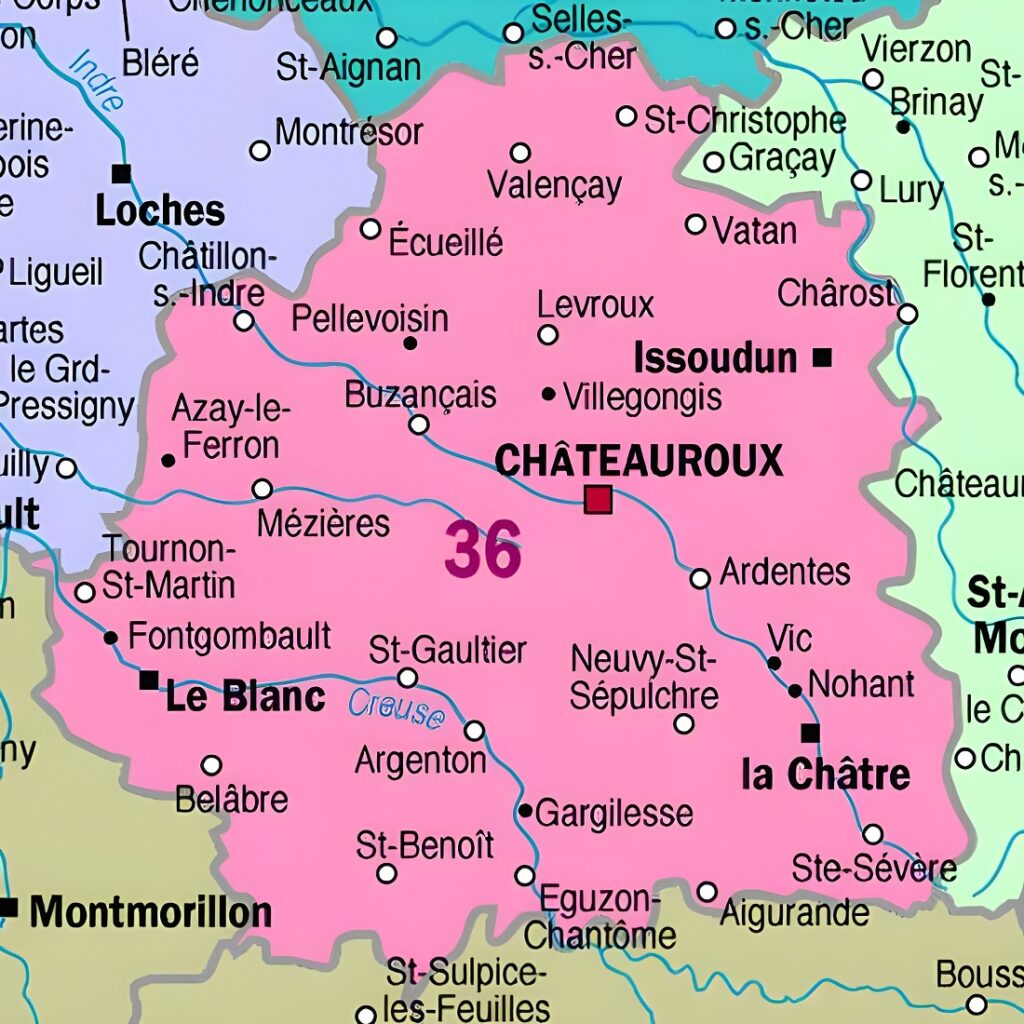 Carte des principales communes de l'Indre.