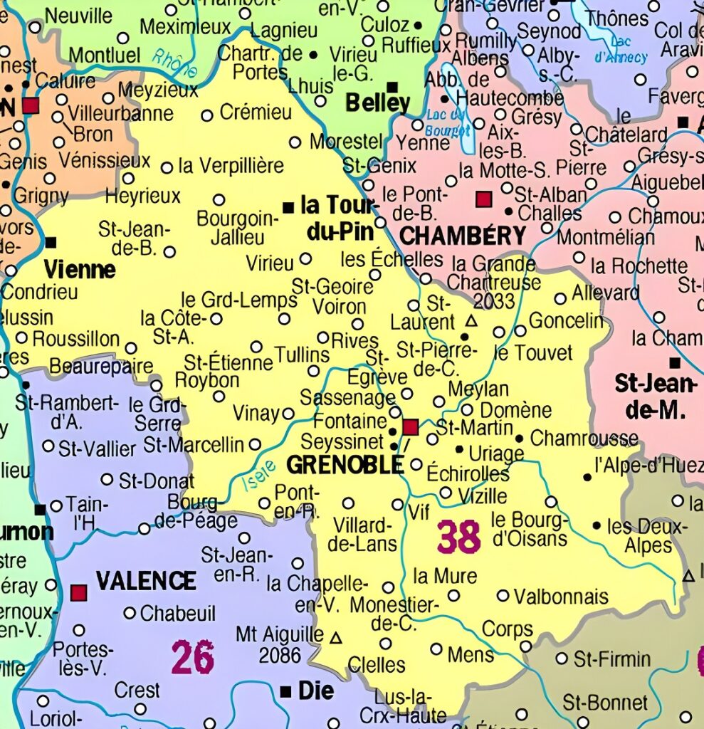 Carte des principales communes de l'Isère.