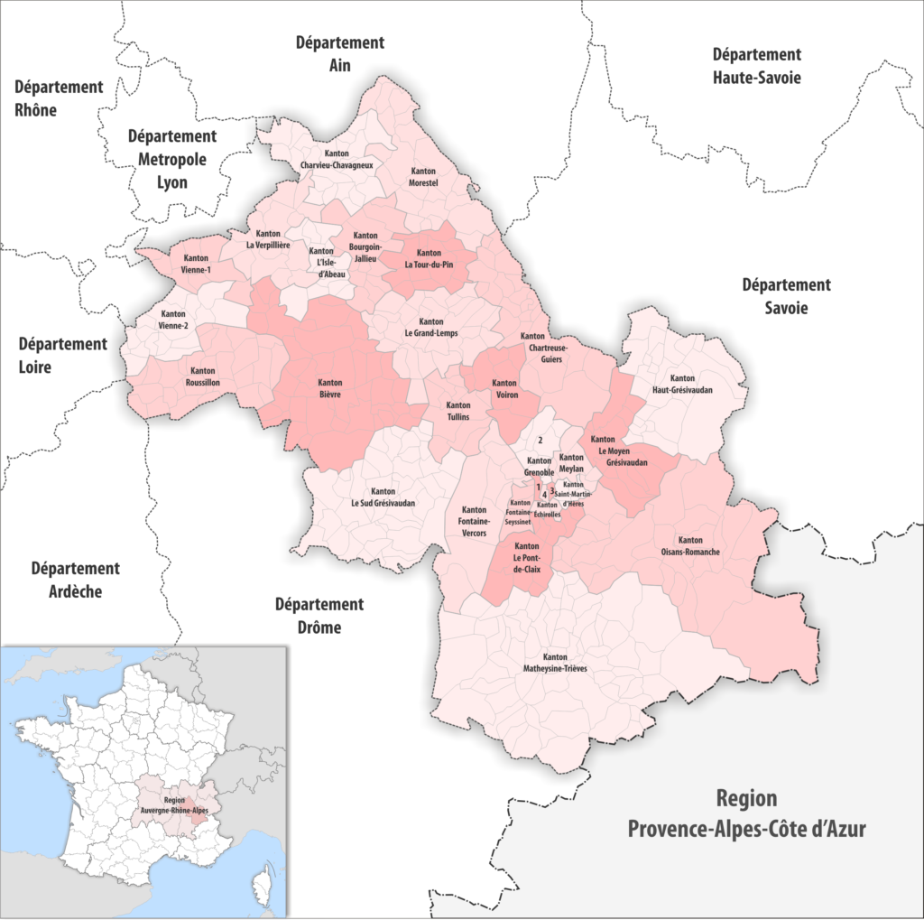 Carte des cantons du département de l'Isère.