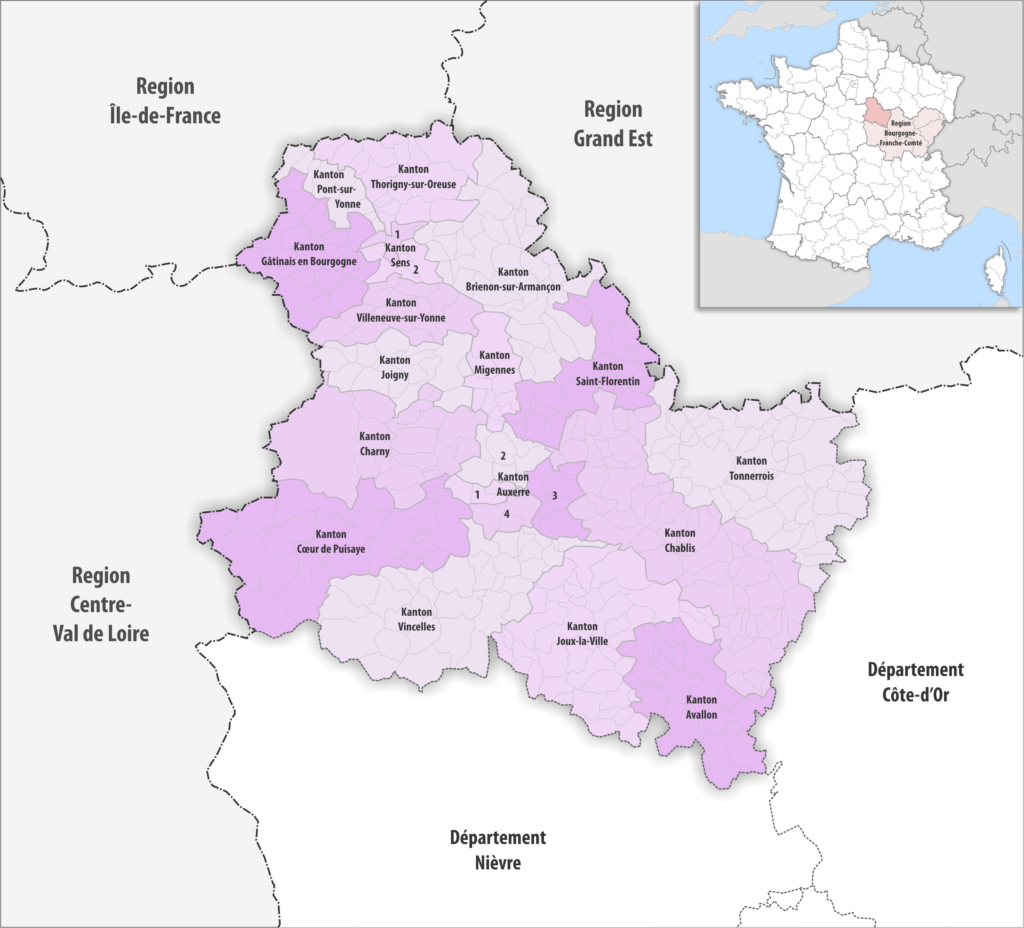 Carte des cantons du département de l'Yonne.