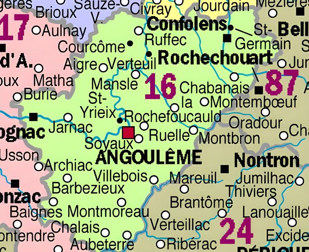 Carte des principales communes de la Charente.