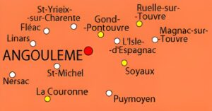 Carte des principales villes dans les environs d'Angoulême.