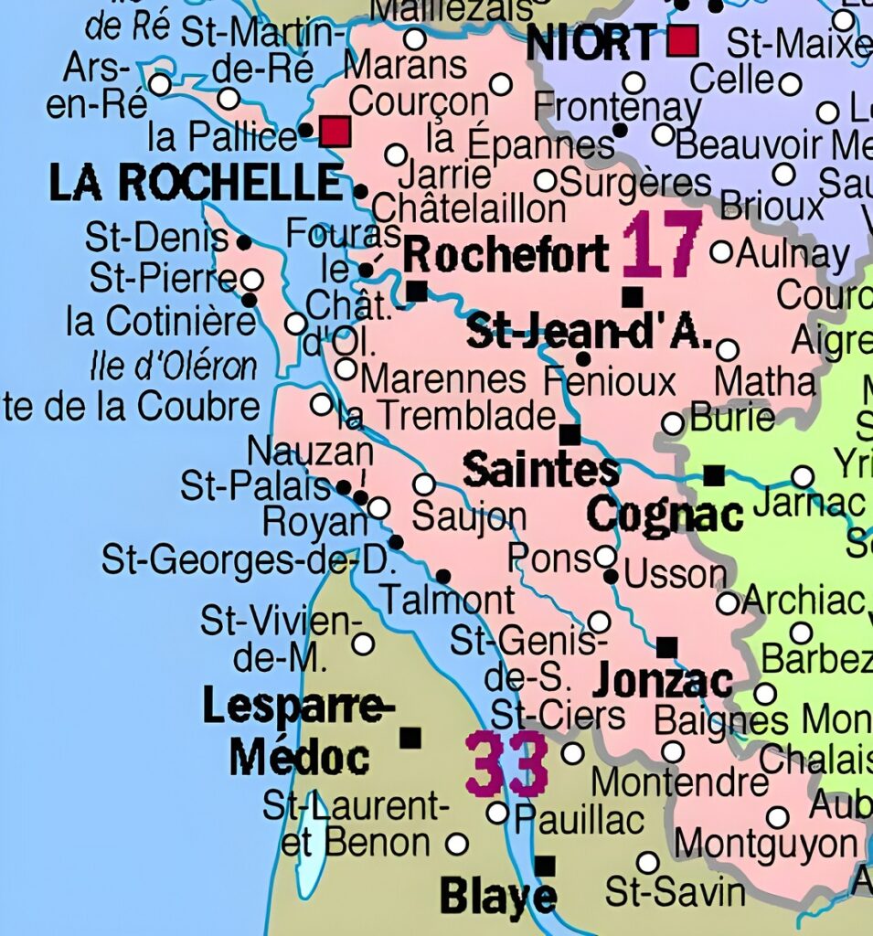 Carte des principales communes de la Charente-Maritime.