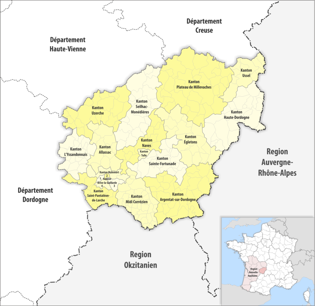 Carte des cantons du département de la Corrèze.