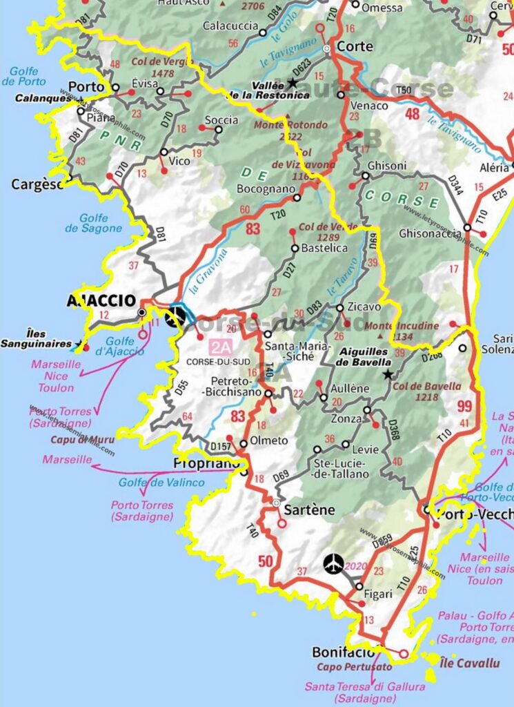 Carte routière de la Corse-du-Sud.