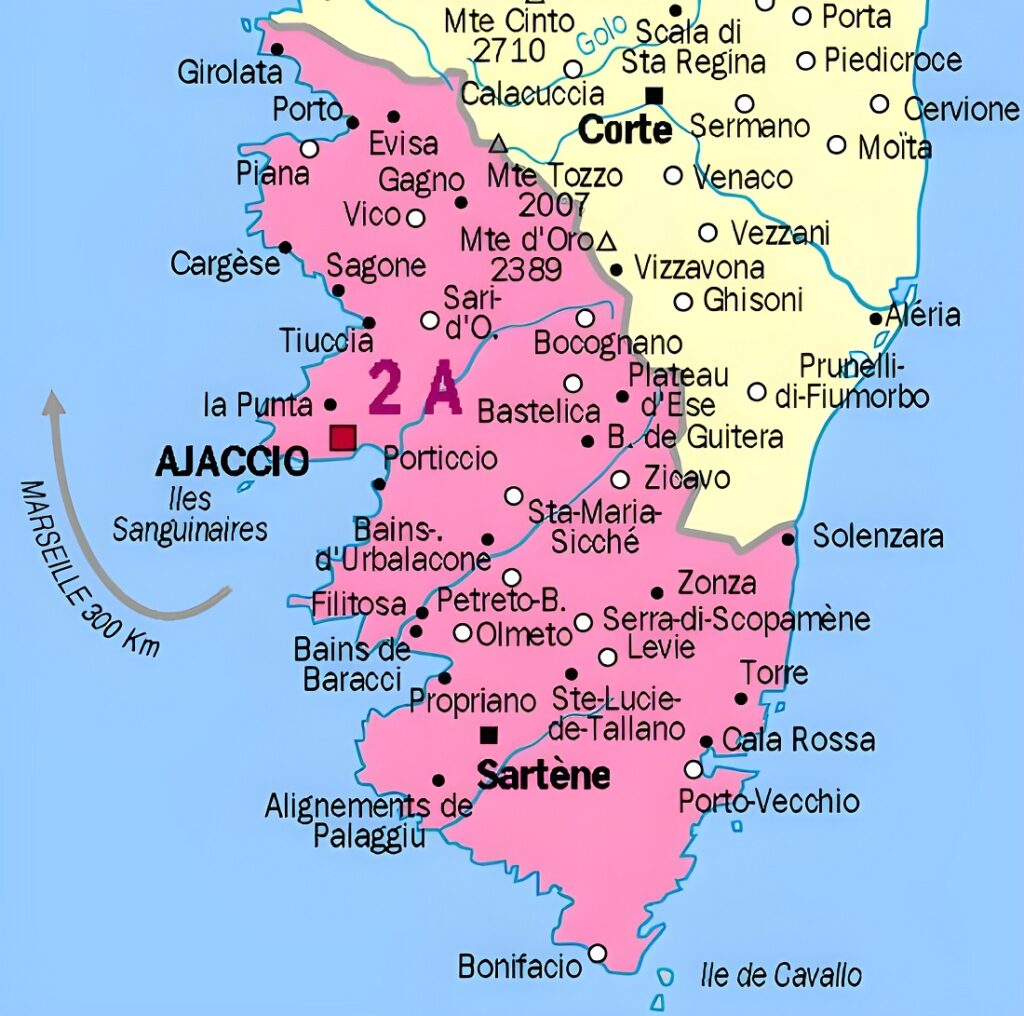 Carte des principales communes de la Corse-du-Sud.