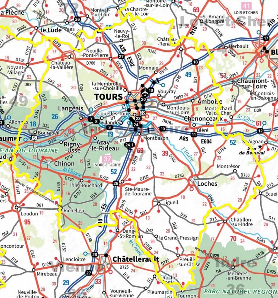 Carte routière d'Indre-et-Loire.