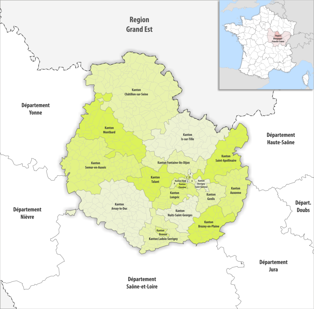 Carte des cantons du département de la Côte-d'Or.