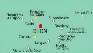 Carte des principales villes des environs de Dijon.