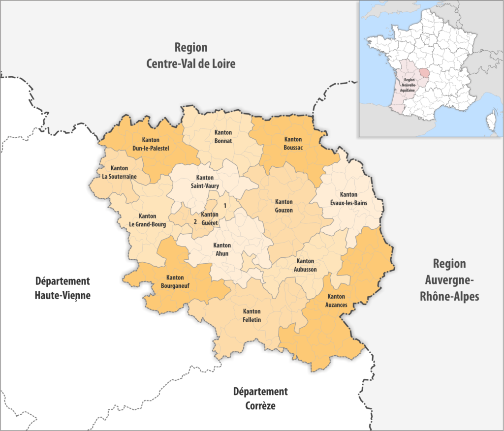 Carte des cantons du département de la Creuse.