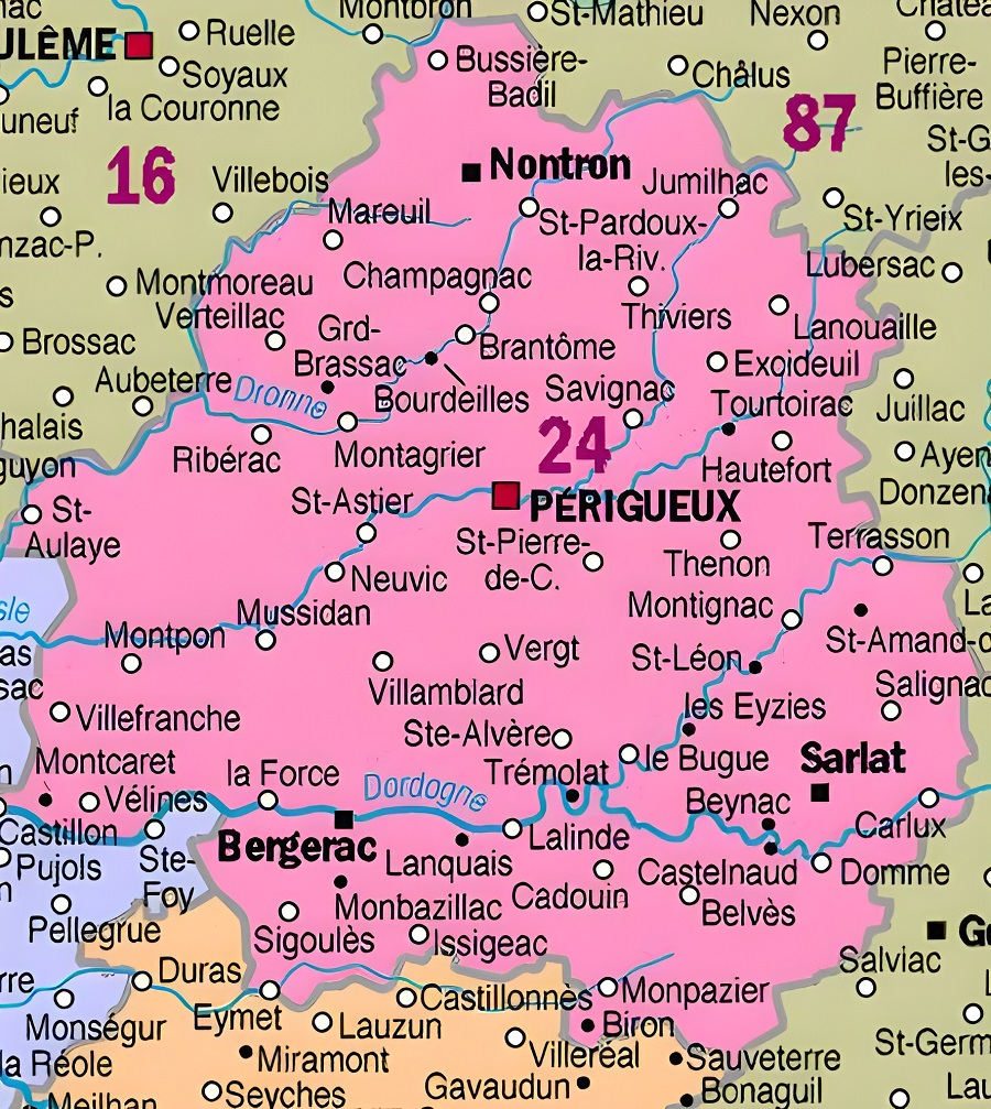 Carte des principales communes de la Dordogne.