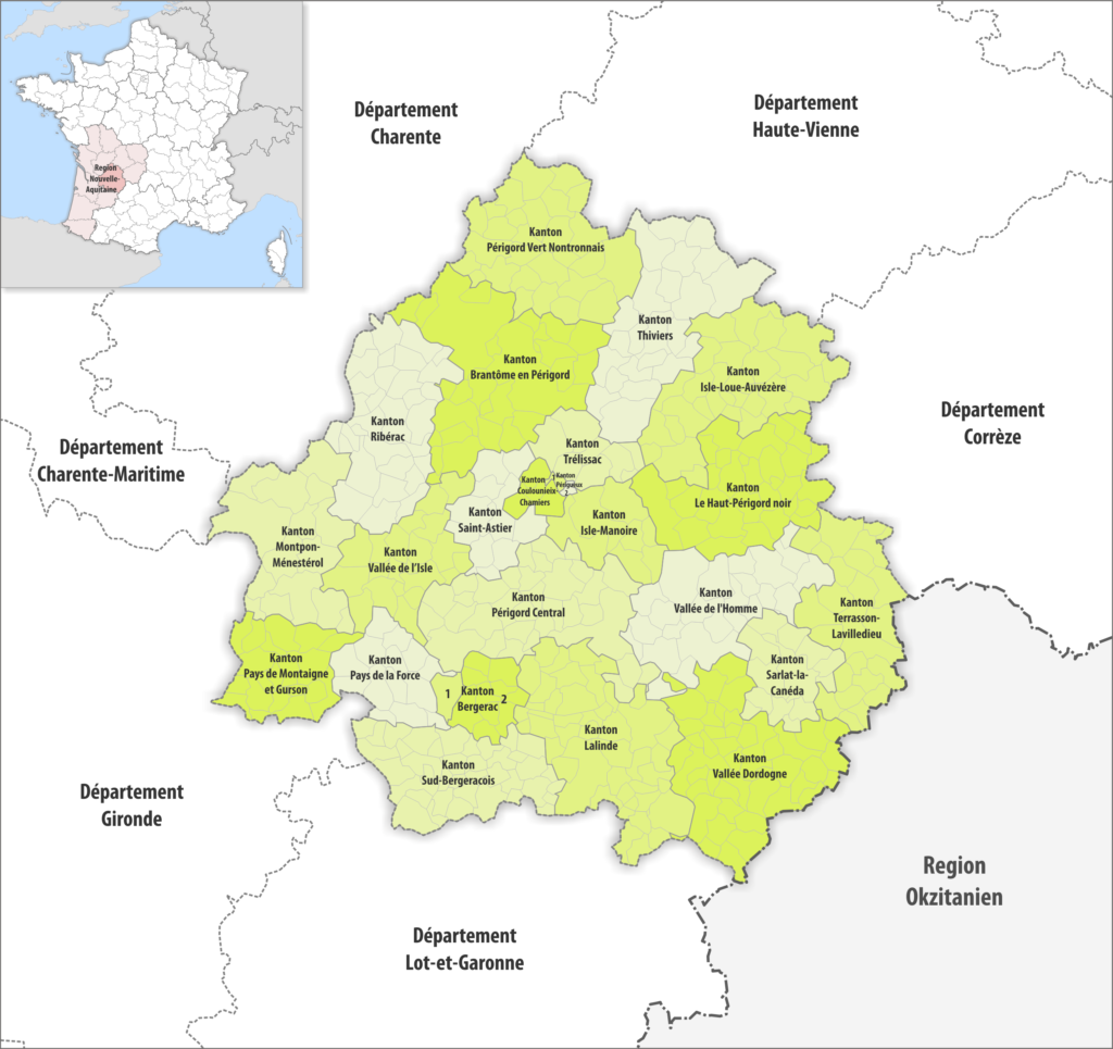 Carte des cantons du département de la Dordogne.