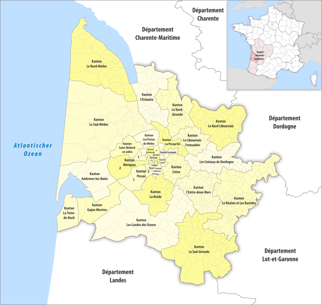 Carte des cantons du département de la Gironde.