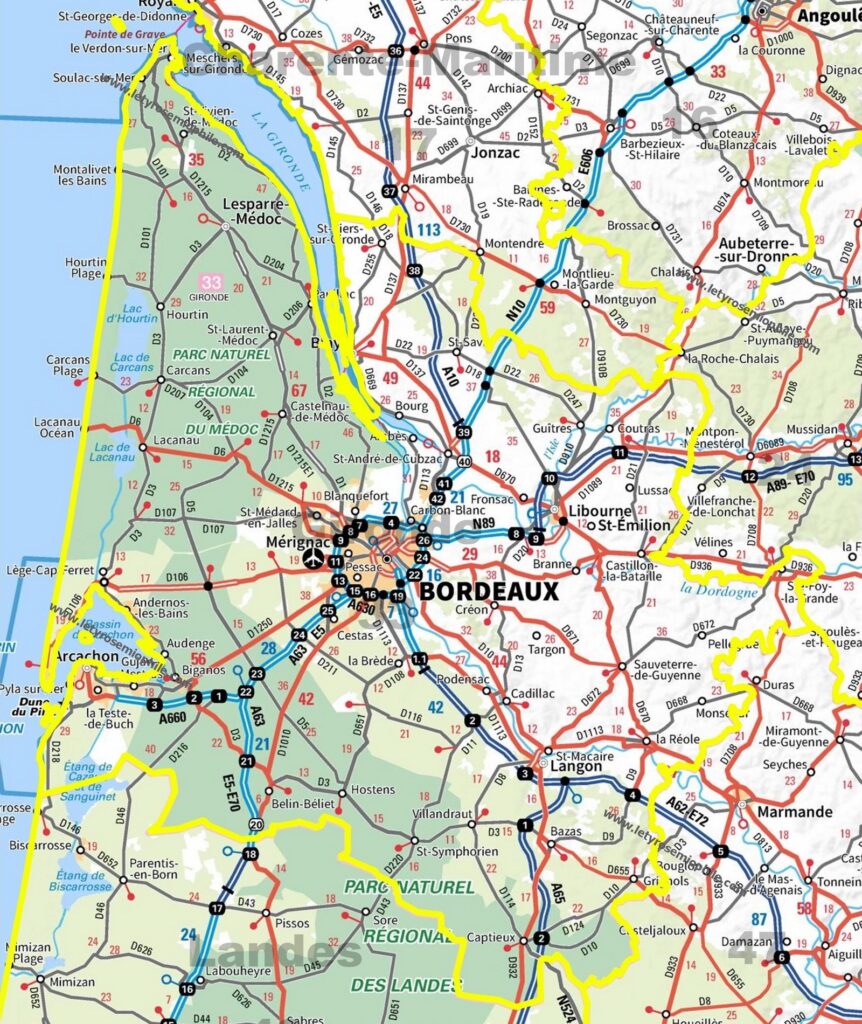 Carte routière de la Gironde.