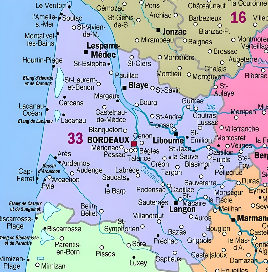 Carte des principales communes de la Gironde.