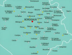 Carte des principales villes dans les environs de Bordeaux.