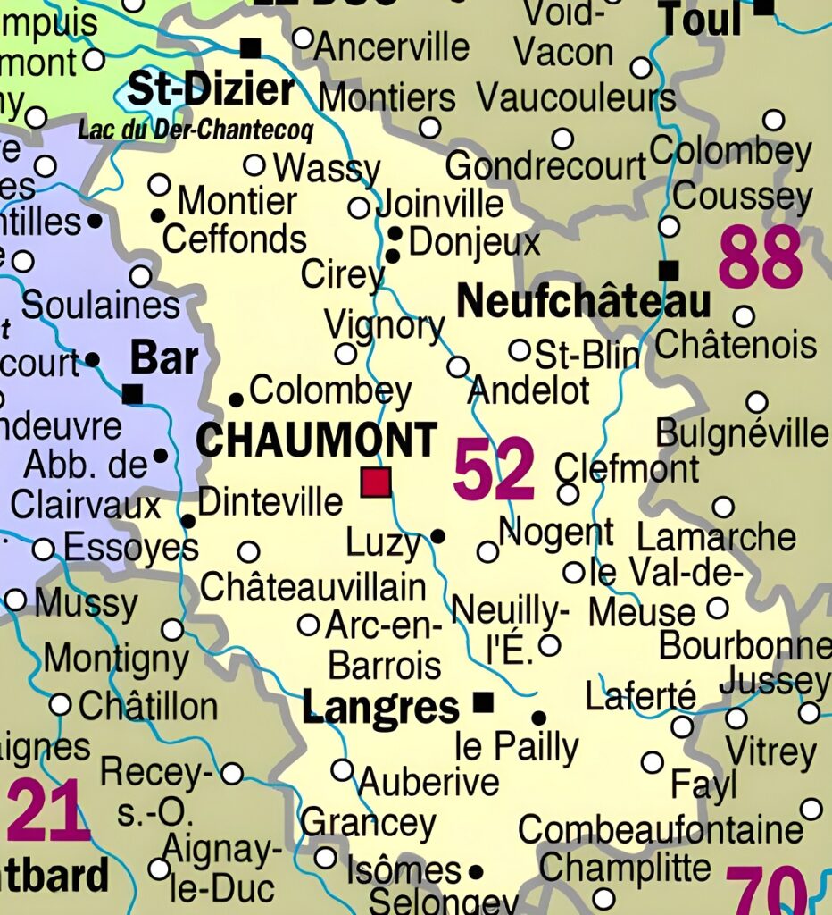 Carte des principales communes de la Haute-Marne.