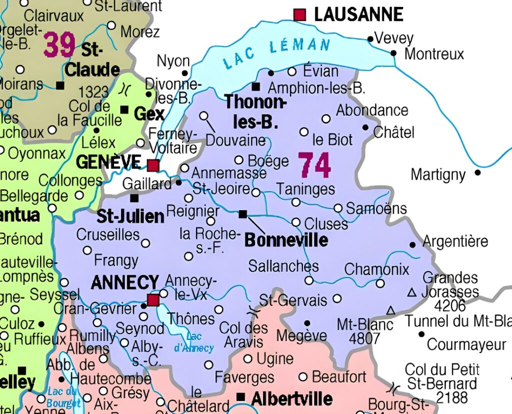 Carte des principales communes de la Haute-Savoie.