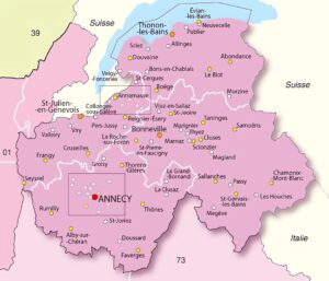 Carte des principales villes de la Haute-Savoie.